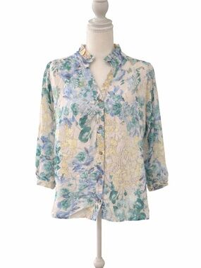 Hudson Gray Floral Blouse M Sheer Button Front Ruffle Collar Top